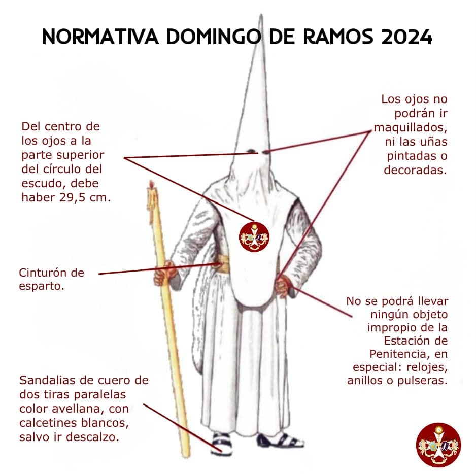 Ilustración del hábito nazareno de frente, con indicaciones de la normativa