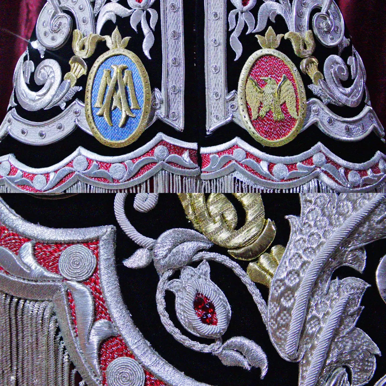 Detalle del bordado del banderín en oro, plata, rojo y azul
